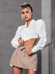 SHEIN Unity Lapel Neck Puff Sleeve Crop Blouse - White - View 1