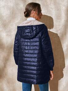 Aveloria Modichic Women's Solid Zip-Collar Hooded LongPadded Insulated Polyfill Synthetic Insulation Winter Coat Winter Jacket Casual Jacket, Winter - Navy Blue - View 2