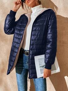 Aveloria Modichic Women's Solid Zip-Collar Hooded LongPadded Insulated Polyfill Synthetic Insulation Winter Coat Winter Jacket Casual Jacket, Winter - Navy Blue - View 4