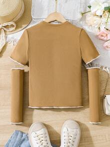SHEIN 女大童滾邊T恤帶袖子 - 卡其色 - 查看 2