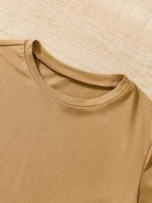 SHEIN 女大童滾邊T恤帶袖子 - 卡其色 - 查看 4