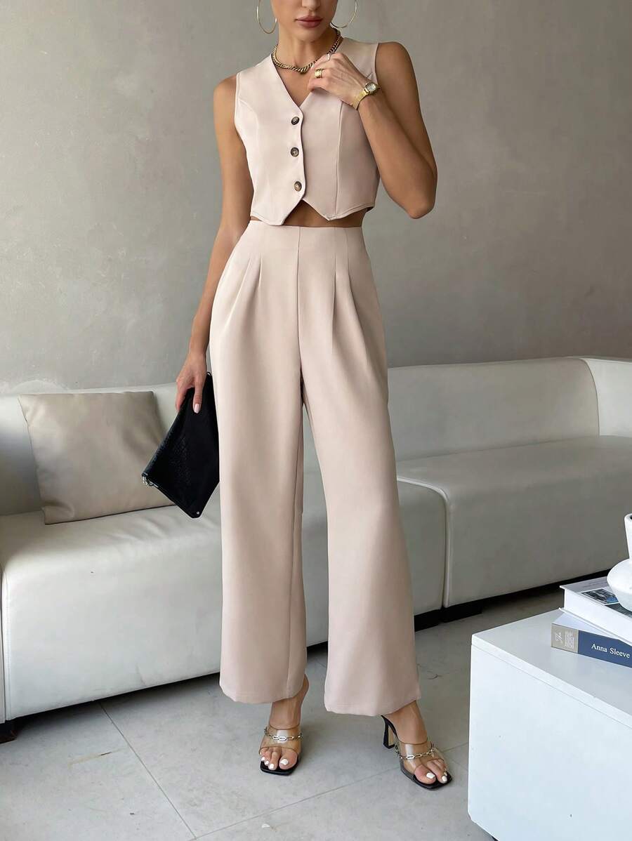 SHEIN Privé 素色前紐扣馬甲西裝外套&褶皺細節長褲 - 卡其色 - 查看 1