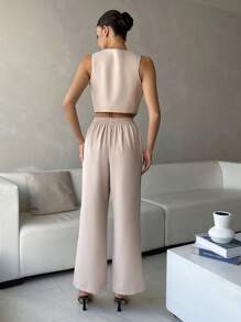 SHEIN Privé 素色前紐扣馬甲西裝外套&褶皺細節長褲 - 卡其色 - 查看 2