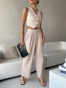 SHEIN Privé 素色前紐扣馬甲西裝外套&褶皺細節長褲 - 卡其色 - 查看 3
