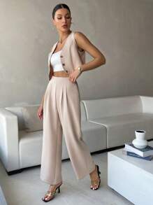 SHEIN Privé 素色前紐扣馬甲西裝外套&褶皺細節長褲 - 卡其色 - 查看 5