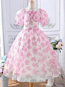 SHEIN Teen Girl Floral Print Puff Sleeve Organza Overlay Dress - Pink - View 1