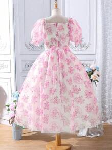 SHEIN Teen Girl Floral Print Puff Sleeve Organza Overlay Dress - Pink - View 2