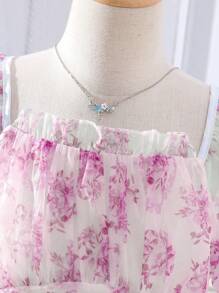 SHEIN Teen Girl Floral Print Puff Sleeve Organza Overlay Dress - Pink - View 3