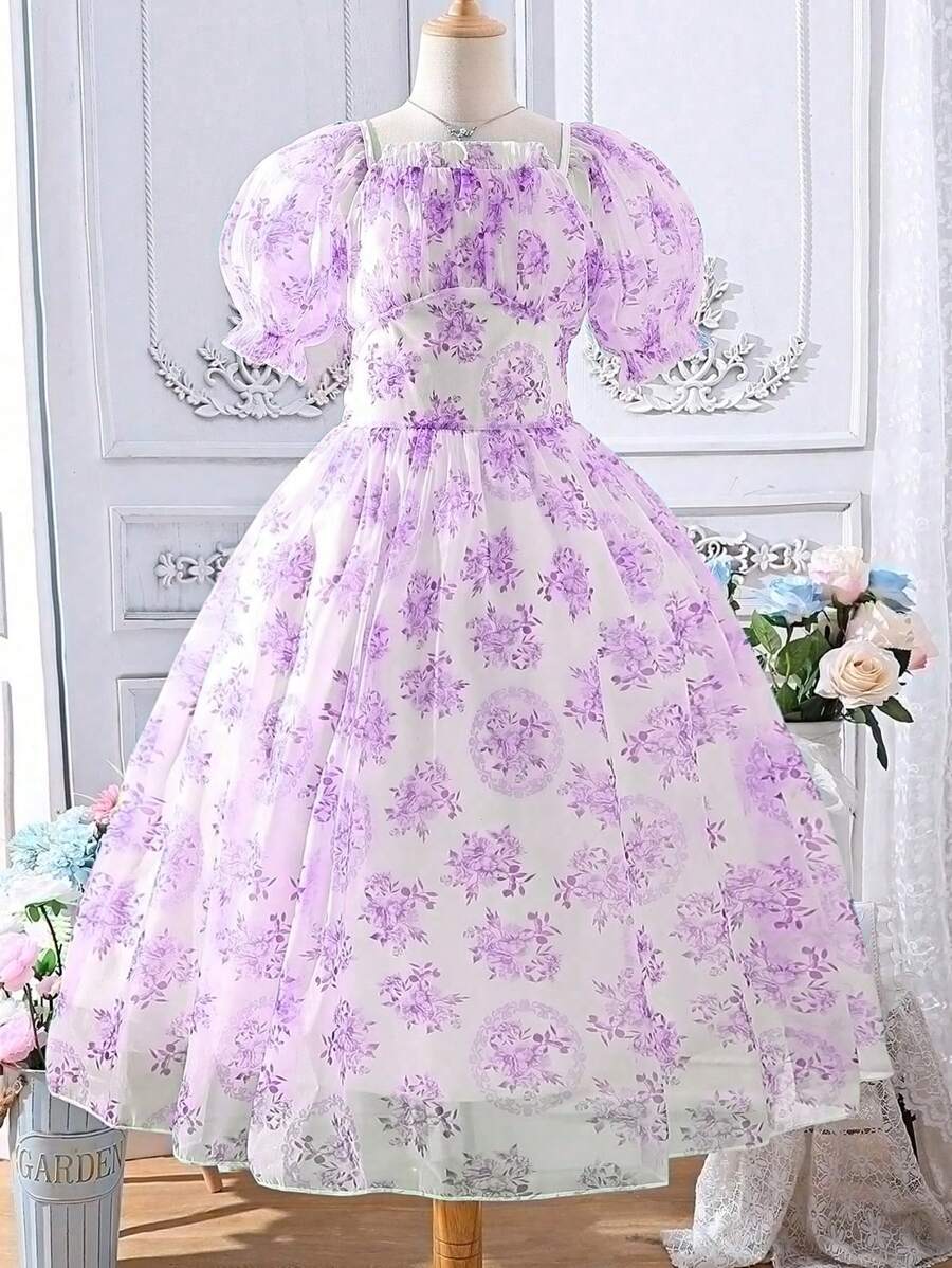 SHEIN 青少年女孩印花泡泡袖歐根紗覆蓋洋裝 - 紫丁香色 - 查看 1