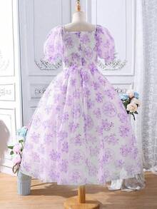 SHEIN 青少年女孩印花泡泡袖歐根紗覆蓋洋裝 - 紫丁香色 - 查看 2