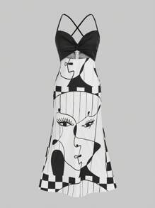 izzythewildland Figure Graphic Twist Front Cami Dress - Black and White - View 1