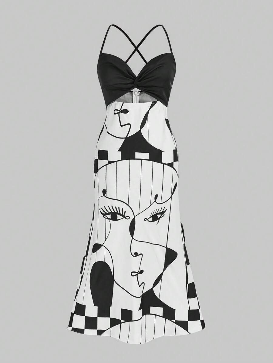 izzythewildland Figure Graphic Twist Front Cami Dress - Black and White - View 1