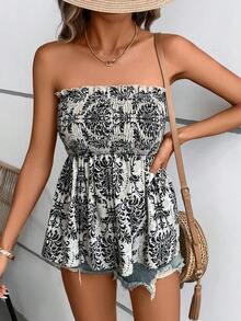 SHEIN VCAY Baroque Print Frill Trim Tube Top - Multicolor - View 3