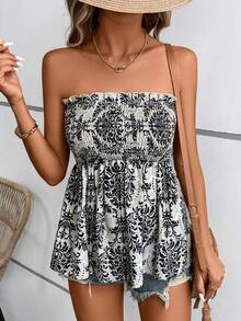 SHEIN VCAY Baroque Print Frill Trim Tube Top - Multicolor - View 2