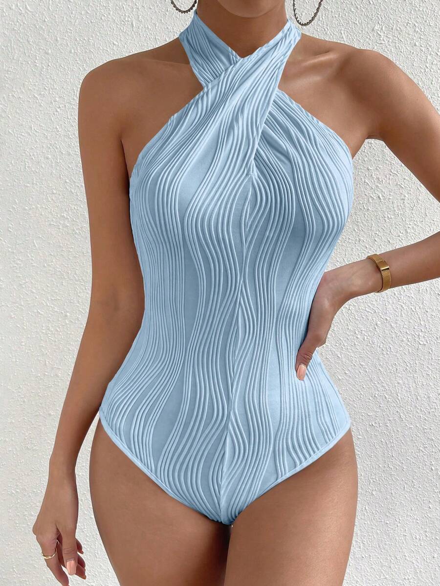 SHEIN Privé Solid Criss Cross Halter Bodysuit - Blue - View 1