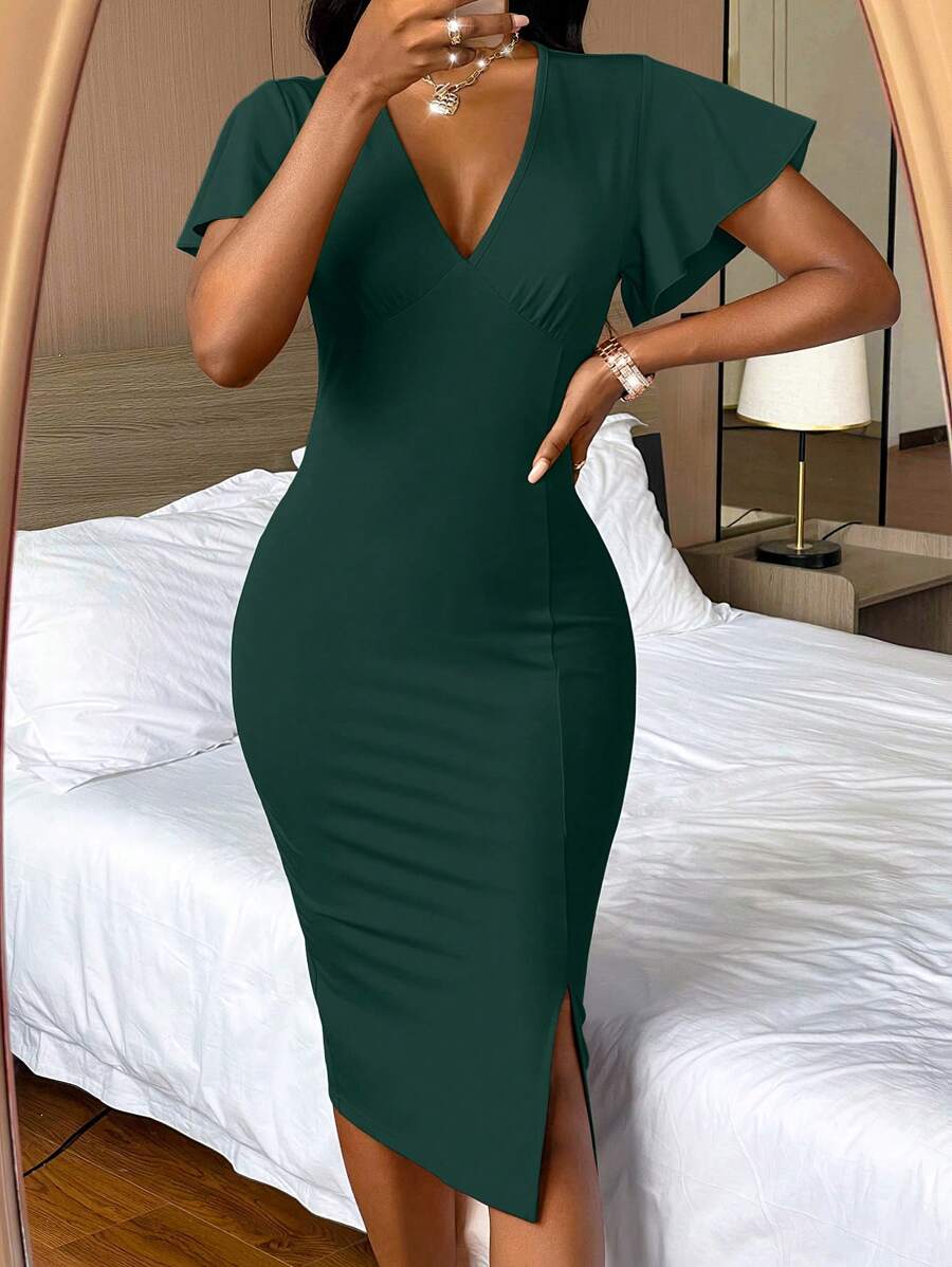 VaVaBold Cổ Lao áo tay bướm Viền chia cắt Váy bodycon - Màu xanh lá cây đậm - Xem 1
