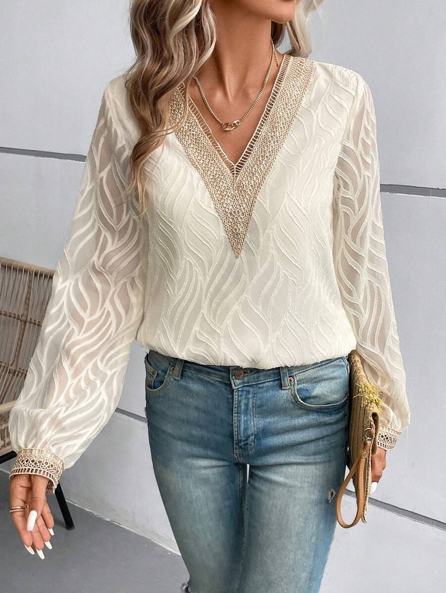 SHEIN VCAY Ren tương phản Tay áo lồng đèn Áo sơ mi - Màu be - Xem 1