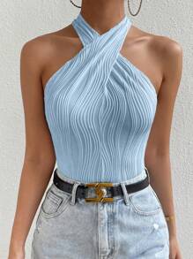 SHEIN Privé Solid Criss Cross Halter Bodysuit - Blue - View 3