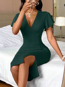 VaVaBold Cổ Lao áo tay bướm Viền chia cắt Váy bodycon - Màu xanh lá cây đậm - Xem 4