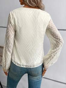 SHEIN VCAY 蕾絲拼接燈籠袖襯衫 - 米色 - 查看 2