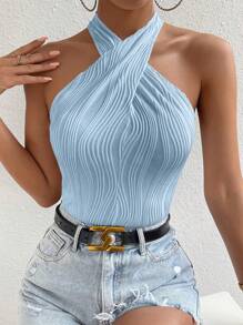 SHEIN Privé Solid Criss Cross Halter Bodysuit - Blue - View 5