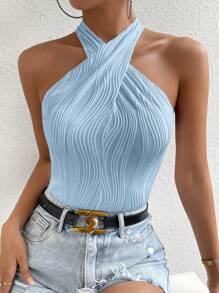 SHEIN Privé Solid Criss Cross Halter Bodysuit - Blue - View 6