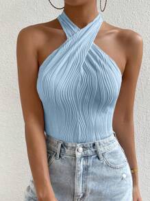 SHEIN Privé Solid Criss Cross Halter Bodysuit - Blue - View 7