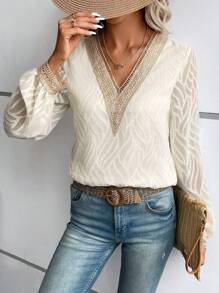 SHEIN VCAY 蕾絲拼接燈籠袖襯衫 - 米色 - 查看 4