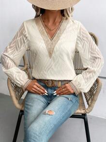 SHEIN VCAY 蕾絲拼接燈籠袖襯衫 - 米色 - 查看 6