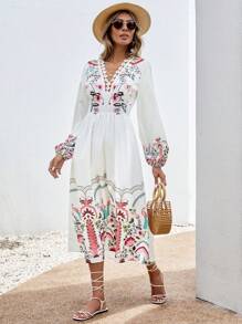 SHEIN VCAY 印花燈籠袖連衣裙