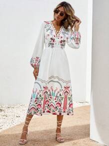 SHEIN VCAY 印花燈籠袖連衣裙