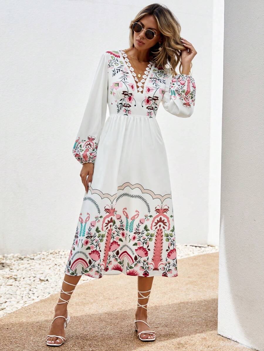 SHEIN VCAY 印花燈籠袖連衣裙