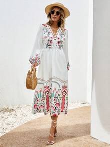 SHEIN VCAY 印花燈籠袖連衣裙