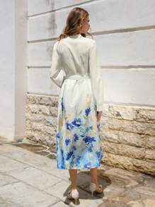 SHEIN Clasi Floral Print Belted Shirt Dress - Multicolor - View 2