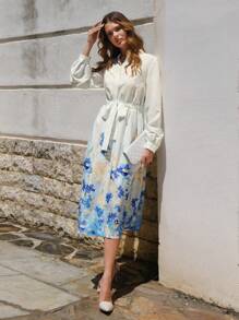 SHEIN Clasi Floral Print Belted Shirt Dress - Multicolor - View 5