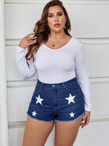 SHEIN EZwear Plus Star Print Raw Cut Denim Shorts - Medium Wash - View 4