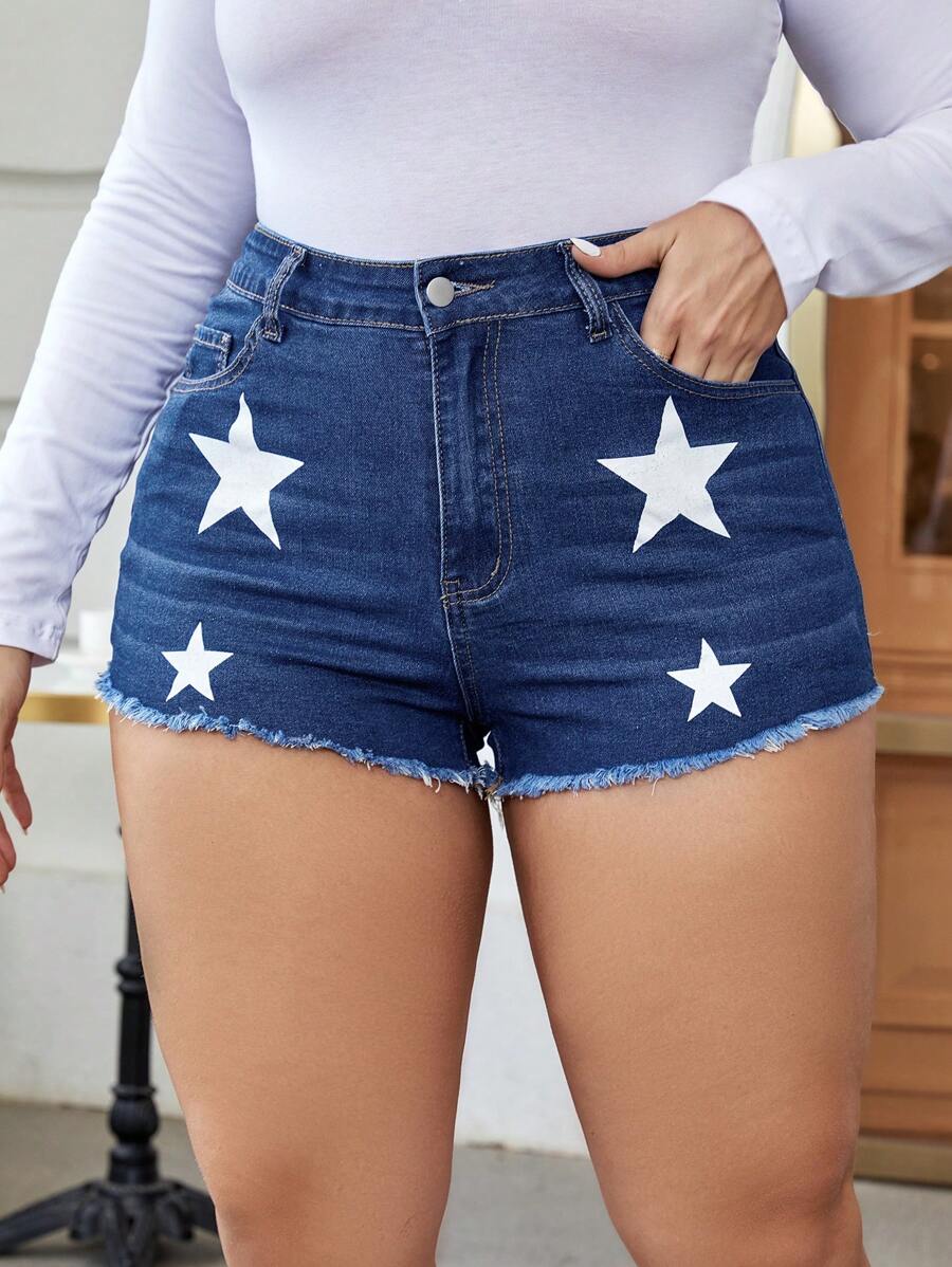 SHEIN EZwear Plus Star Print Raw Cut Denim Shorts - Medium Wash - View 1