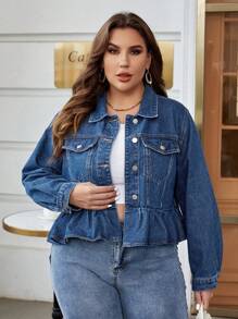 SHEIN Frenchy Plus Flap Pocket Ruffle Hem Denim Jacket - Medium Wash - View 4