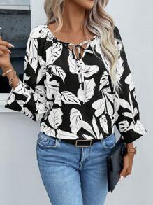 EMERY ROSE Tropical Print Tie Neck Raglan Sleeve Blouse