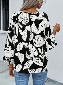 EMERY ROSE Tropical Print Tie Neck Raglan Sleeve Blouse