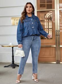 SHEIN Frenchy Plus Flap Pocket Ruffle Hem Denim Jacket - Medium Wash - View 6