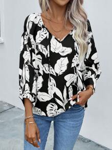 EMERY ROSE Tropical Print Tie Neck Raglan Sleeve Blouse