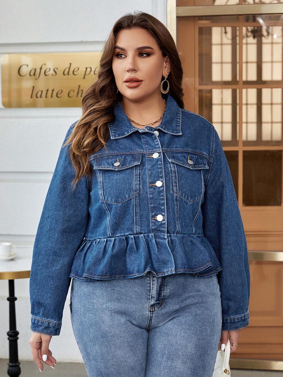 SHEIN Frenchy Plus Flap Pocket Ruffle Hem Denim Jacket - Medium Wash - View 1