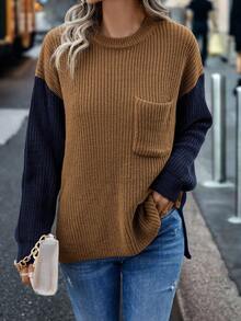 EMERY ROSE Colorblock Drop Shoulder Pocket Patched Sweater - Brown - View 5