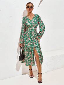 SHEIN Privé 滿版印花高衩連衣裙 - 綠色 - 查看 3