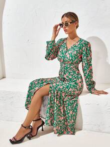 SHEIN Privé 滿版印花高衩連衣裙 - 綠色 - 查看 1