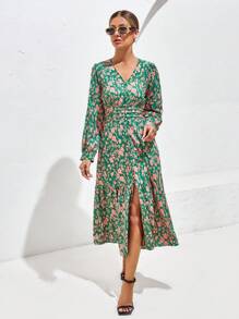 SHEIN Privé 滿版印花高衩連衣裙 - 綠色 - 查看 4