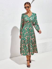 SHEIN Privé 滿版印花高衩連衣裙 - 綠色 - 查看 6