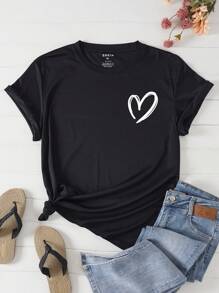SHEIN EZwear Hơn In Trái tim Áo thun - màu đen - Xem 1
