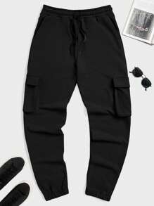 RueChic Men Flap Pocket Side Drawstring Waist Sweatpants - Black - View 1